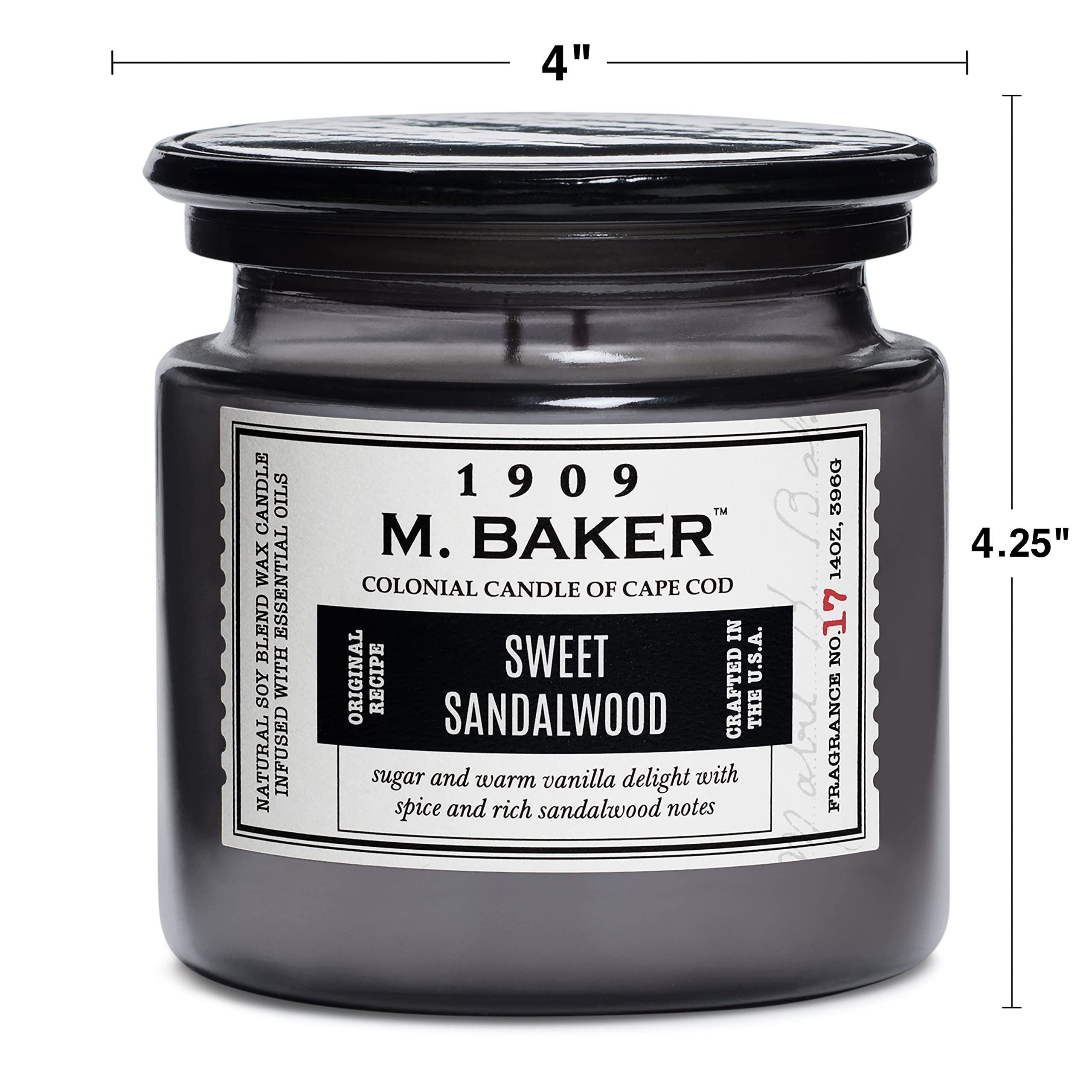 M. Baker by Colonial Candle Scented Apothecary Glass Jar Candle, Sweet Sandalwood, Natural Soy Wax Blend, 14 Oz, Two Premium Cot